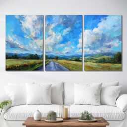 Countryside Landscape 3 Panel Split Canvas Wall Art Rolling Hills Road Abstract Oil Painting Framed Farmhouse Rustic Home Decor Gift - thumbnail 2