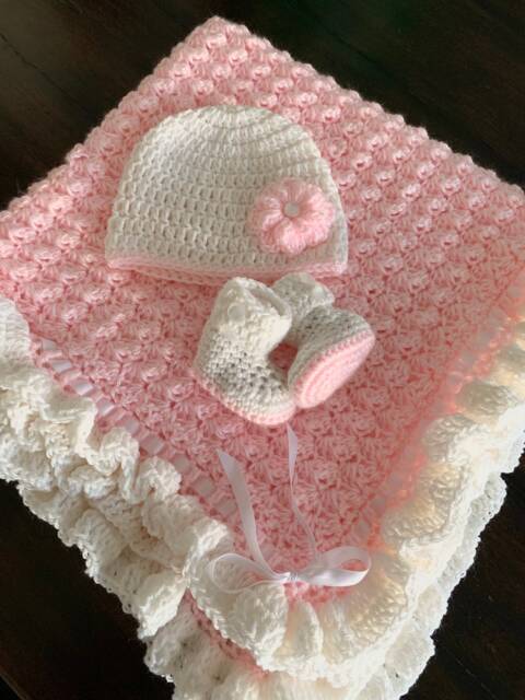 Pink Baby Blanket - Handmade Girl & White With Ruffles Crochet Nursery - image 1