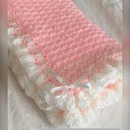 Pink Baby Blanket - Handmade Girl & White With Ruffles Crochet Nursery - thumbnail 3