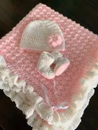 Pink Baby Blanket - Handmade Girl & White With Ruffles Crochet Nursery