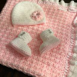Pink Baby Blanket - Handmade Girl & White With Ruffles Crochet Nursery - thumbnail 4
