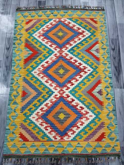 Multicolour Rug, Handmade Artisan Afghan Turkish Scandinavian Navajo Bohemian Flatweave Wool Kilim 152x100 cm - image 1