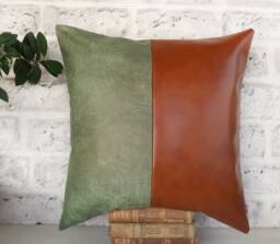 Cognac & Pale Green Faux Leather Pillow Cover Two-Tone Design