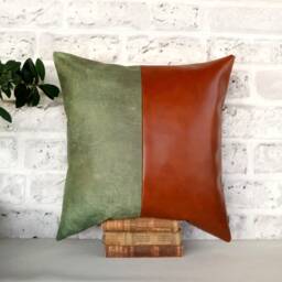 Cognac & Pale Green Faux Leather Pillow Cover Two-Tone Design - thumbnail 2