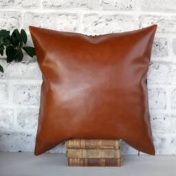 Cognac & Pale Green Faux Leather Pillow Cover Two-Tone Design - thumbnail 4