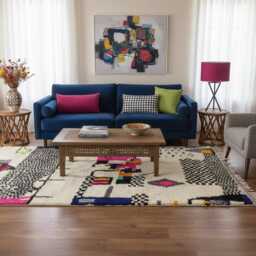 Authentic Handmade Moroccan Rug - Colorful Abstract Checkerboard Wool Carpet Funky Geometric Boho Area - thumbnail 3