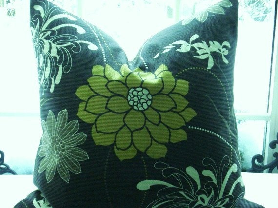 Floral Decorative Pillow CoverRichloom-Designer Fabric - Throw Pillow- Contemporary -Espresso Brown-Citron - image 1