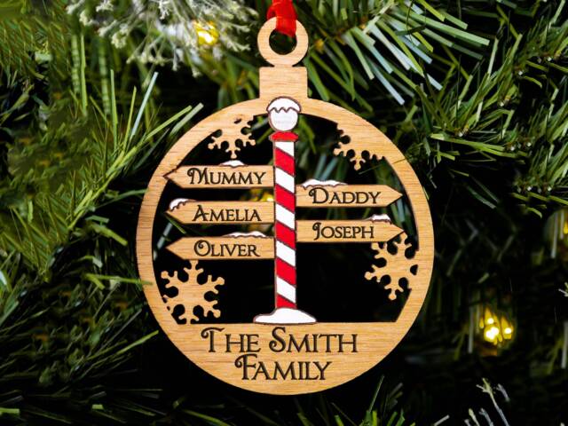 Family Of 5 North Pole Sign Christmas Tree Decoration, Up To 7 Names, Personalised Bauble, Mum Dad Son Daughter Kids, Oak Wood Large - image 1