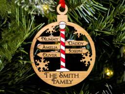 Family Of 5 North Pole Sign Christmas Tree Decoration, Up To 7 Names, Personalised Bauble, Mum Dad Son Daughter Kids, Oak Wood Large - thumbnail 1