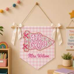 Custom Pink Gingham Grade Pennant, Classroom Wall Hanging With Ribbon - thumbnail 2