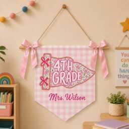 Custom Pink Gingham Grade Pennant, Classroom Wall Hanging With Ribbon