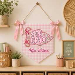 Custom Pink Gingham Grade Pennant, Classroom Wall Hanging With Ribbon - thumbnail 4
