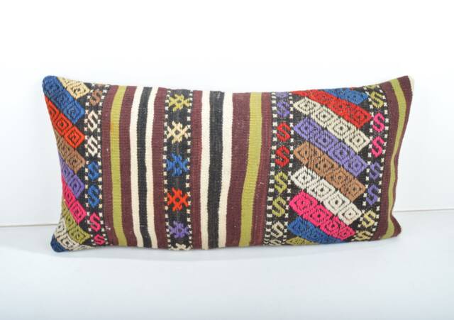 striped Kilim Lumbar Pillow Cover, Handwoven Wool, 24x12 Inch - image 1