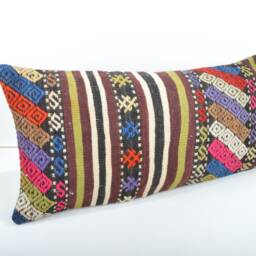 striped Kilim Lumbar Pillow Cover, Handwoven Wool, 24x12 Inch - thumbnail 2
