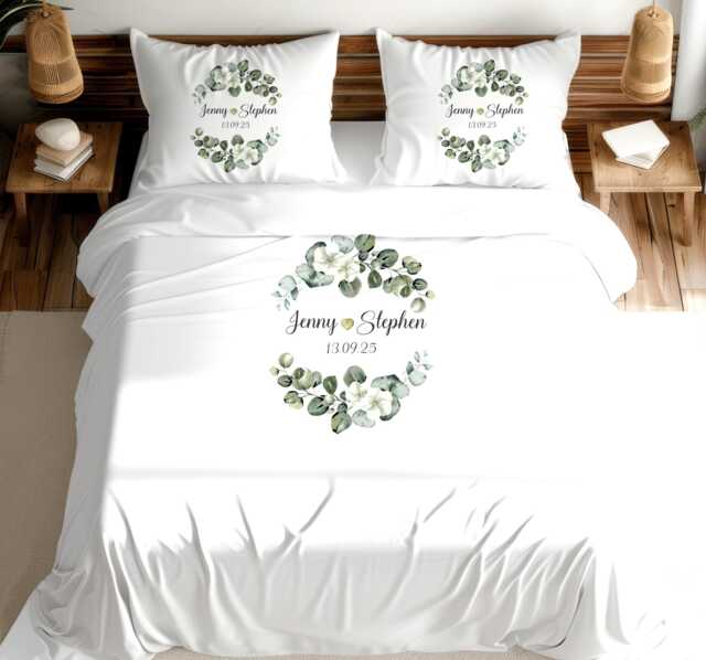 Personalised Eucalyptus Wedding Duvet Cover, Custom Bride & Groom Bedding, Botanical Wreath Anniversary Gift - image 1