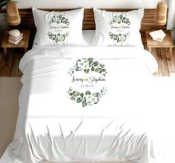 Personalised Eucalyptus Wedding Duvet Cover, Custom Bride & Groom Bedding, Botanical Wreath Anniversary Gift