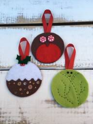 Set Of 3 Christmas Decorations, Traditional Stitched Felt Tree Ornaments, Pudding, Robin & Smiley Sprout - thumbnail 1