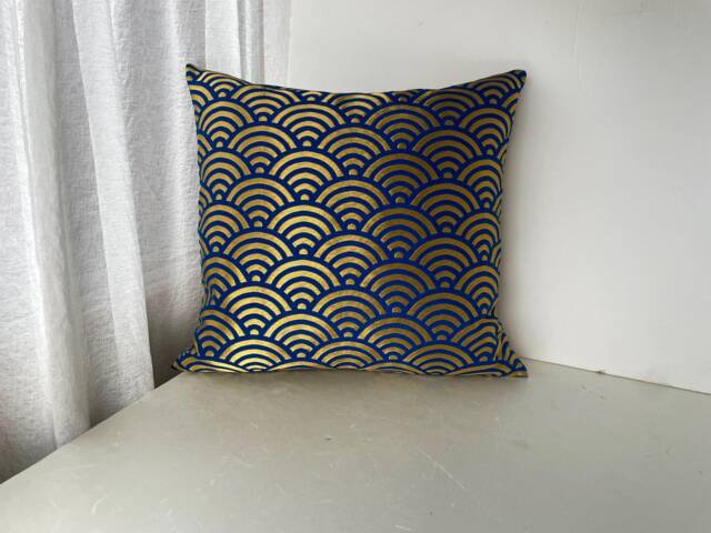 Golden & Blue Japanese Waves Brocade Fabric Pillow Case, Obi Belt Covers, Golden Cushion - image 1