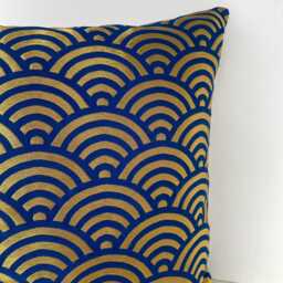 Golden & Blue Japanese Waves Brocade Fabric Pillow Case, Obi Belt Covers, Golden Cushion - thumbnail 3