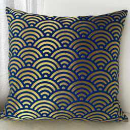 Golden & Blue Japanese Waves Brocade Fabric Pillow Case, Obi Belt Covers, Golden Cushion - thumbnail 2