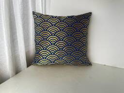 Golden & Blue Japanese Waves Brocade Fabric Pillow Case, Obi Belt Covers, Golden Cushion - thumbnail 1