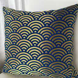 Golden & Blue Japanese Waves Brocade Fabric Pillow Case, Obi Belt Covers, Golden Cushion - thumbnail 4