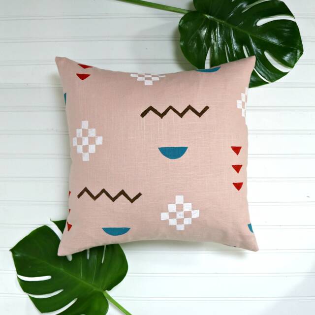 Pink Linen Throw Pillow W Block Print Southwestern Design // Blush Dusty Teal Red White Native American Geometric Bedding Cushion - image 1