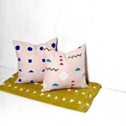 Pink Linen Throw Pillow W Block Print Southwestern Design // Blush Dusty Teal Red White Native American Geometric Bedding Cushion - thumbnail 3