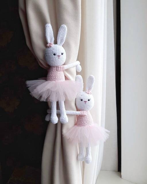 Pink Bunny Curtain Tieback Bunny Nursery Decor Tie Back Animal Knit Rabbits Holders Nursery - image 1