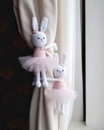 Pink Bunny Curtain Tieback Bunny Nursery Decor Tie Back Animal Knit Rabbits Holders Nursery