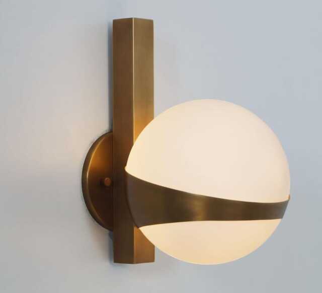 Mid-Century Modern Brass Globe Wall Sconce - Opal Glass Vanity Light - image 1