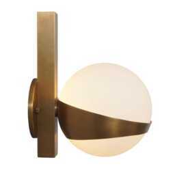 Mid-Century Modern Brass Globe Wall Sconce - Opal Glass Vanity Light - thumbnail 2