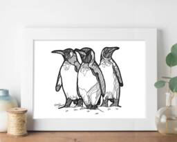 Three Penguins Print, Line Drawing, Black & White Illustration, Penguin Print, Nursery Baby Room, Wall Decor, Home Decor - thumbnail 1