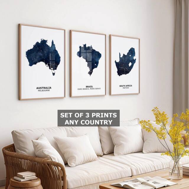 Set Of 3 Watercolor Country Map Prints, Custom Home Wall Art, Personalized Travel Gift, Moving Keepsake Poster - image 1