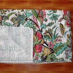 Pure Cotton Kantha Style Twin Size Quilt Bed Spread, Indian Gudri Cover - thumbnail 2