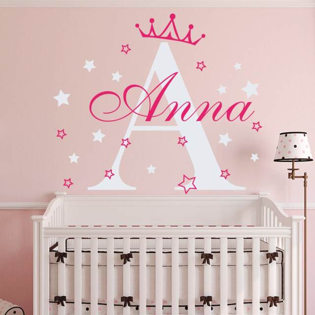Girls Name Wall Decal - Monogram Princess Crown Star Sticker Nursery Room Decor Custom - Ma67 - image 1