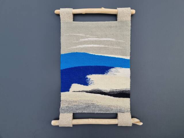 Handwoven Sea Tapestry Abstract Blue Wall Hanging With Wood - image 1