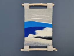 Handwoven Sea Tapestry Abstract Blue Wall Hanging With Wood - thumbnail 1