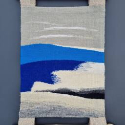 Handwoven Sea Tapestry Abstract Blue Wall Hanging With Wood - thumbnail 2