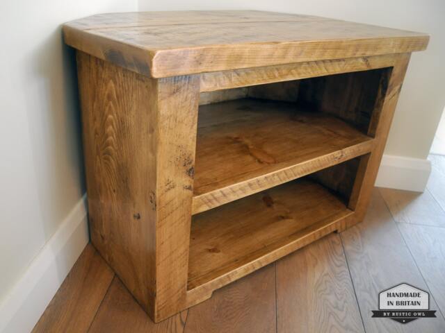 Rustic Pine Corner Tv Unit Solid Chunky Wood Stand/Cabinet With Shelves - image 1
