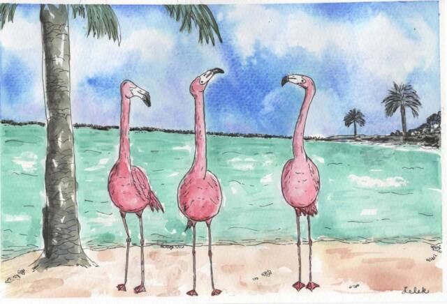 Flamingo Beach Watercolor Print, Colorful Tropical Wall Art