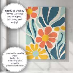 Scandinavian Floral Pattern With Coral Daisies & Blue Green Foliage Canvas Wall Art Print Decor Picture Ready To Hang - thumbnail 3