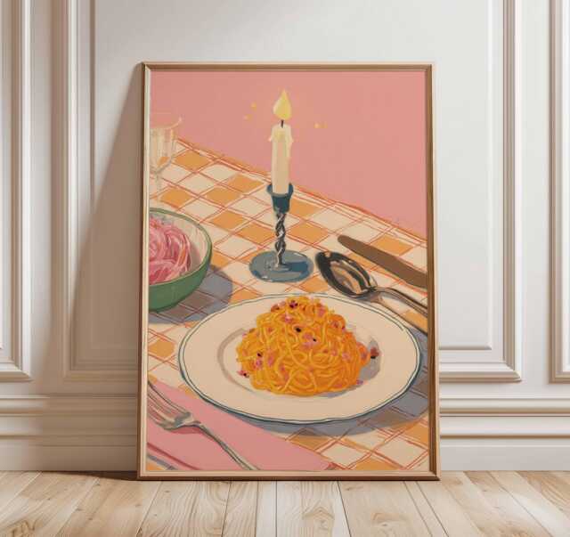 Pasta Wall Art Poster, Italian Food Print, Rustic Kitchen Decor, Cozy Dining Illustration, Mediterranean Cuisine Poster - image 1