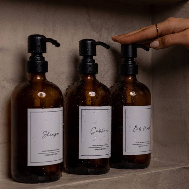 Amber Glass Bathroom Dispenser Set Stainless Steel Pump, Shampoo, Conditioner & Body Wash - image 1