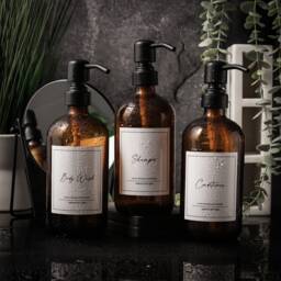 Amber Glass Bathroom Dispenser Set Stainless Steel Pump, Shampoo, Conditioner & Body Wash - thumbnail 3