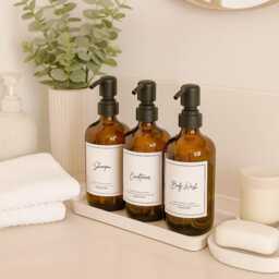 Amber Glass Bathroom Dispenser Set Stainless Steel Pump, Shampoo, Conditioner & Body Wash - thumbnail 2