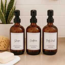 Amber Glass Bathroom Dispenser Set Stainless Steel Pump, Shampoo, Conditioner & Body Wash - thumbnail 1