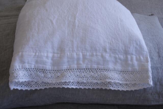 White Linen Pillowcase With French Lace , Standard Queen King Euro Sham Body Pillow Size. Softened & Stonewashed. Mooshop.50 - image 1