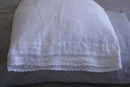 White Linen Pillowcase With French Lace , Standard Queen King Euro Sham Body Pillow Size. Softened & Stonewashed. Mooshop.50