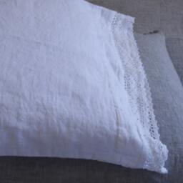 White Linen Pillowcase With French Lace , Standard Queen King Euro Sham Body Pillow Size. Softened & Stonewashed. Mooshop.50 - thumbnail 2